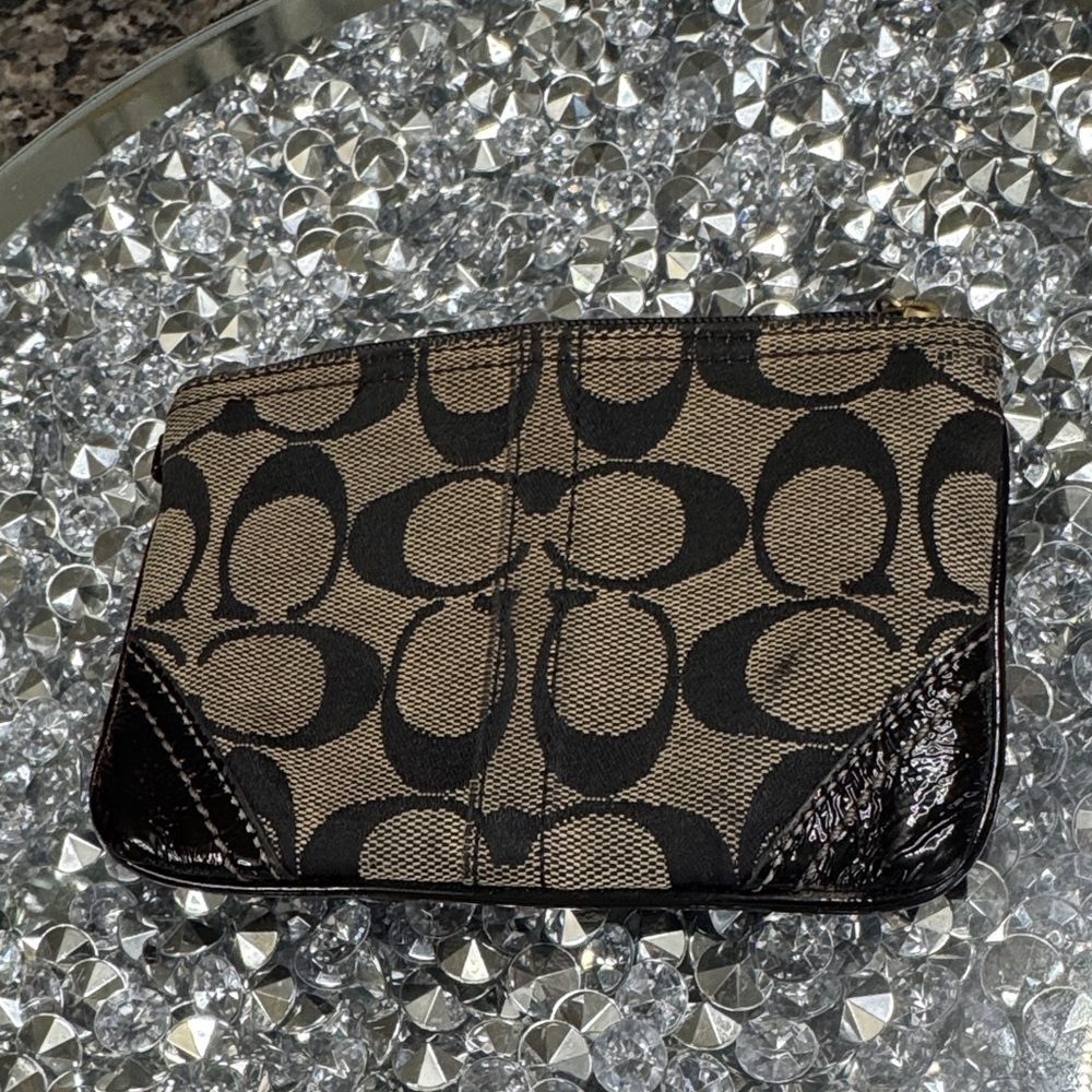 Coach Black and Tan Jacquard signature C coin purse